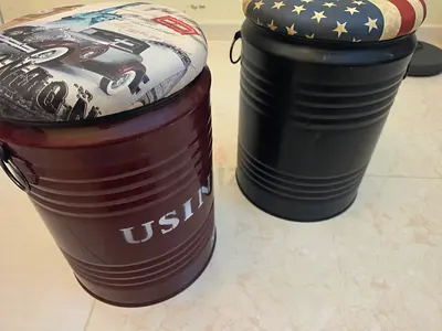 Set of 2 Metal Storage Stools with Padded Seats (Black & Maroon)