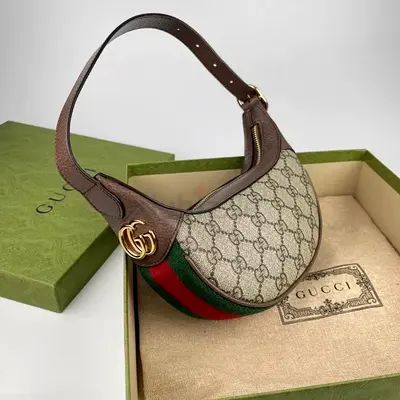 Gucci GG Supreme Small Hobo Bag with Web Stripe and Gold Double G