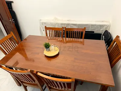 Solid Wood 6-Seater Dining Table with Chairs - Good Condition
