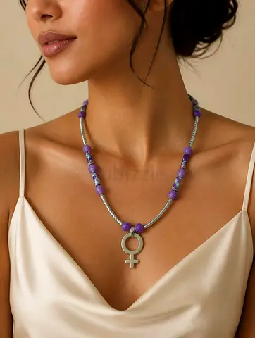 Purple Beaded natural stone Necklace with Silver Tone stainless Venus Symbol Pendant