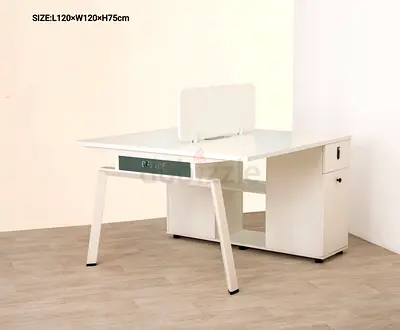 White Office Workstation Desk with Storage Cabinet and Divider (L120 x W120 x H75cm)