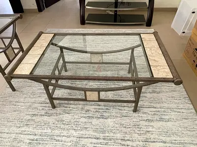 Glass Top Metal Coffee Table with Stone Inlays