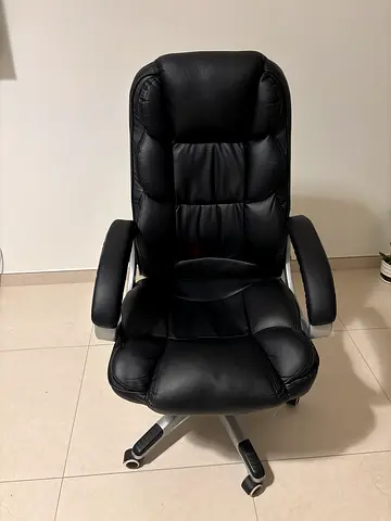 Black leather high-back office chair with wheels - good condition