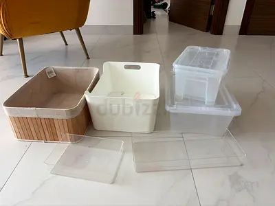 Free Assorted storage boxes and organizers - clear plastic and fabric baskets