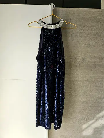 Navy blue sequined evening dress with beaded neckline, size medium