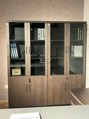 Wooden Office Bookcase with Glass Doors – 4-Section Storage Cabinet