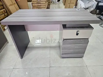 Grey wood office computer desk with lockable drawers