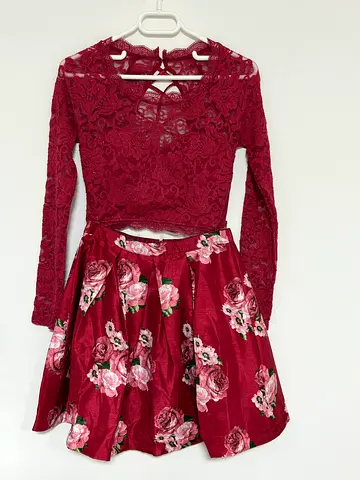 Maroon Lace Top and Floral Skirt Two-Piece Dress - Size Small