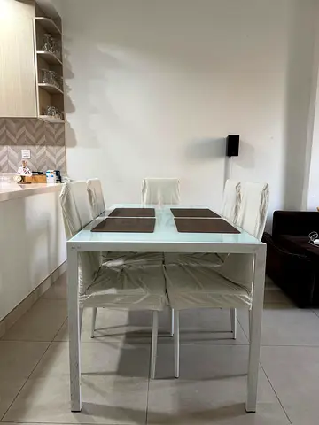 Glass Top Dining Table with 4 Fabric-Covered Chairs - White