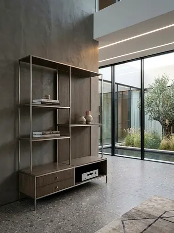 Modern open shelving unit with storage drawers - grey wood finish
