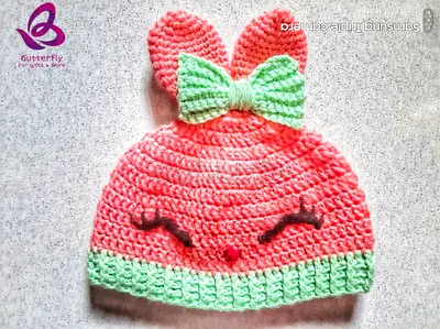 Handmade Crocheted Baby Bunny Hat with Bow - Pink & Mint, Newborn/0-6M with name customize
