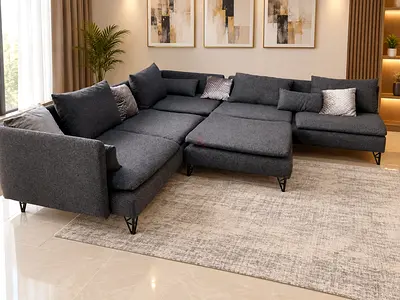 Large L-shaped Grey Fabric Sectional Sofa with Ottoman - Good Condition