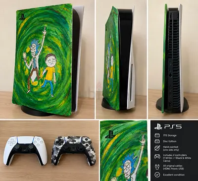 Hand-painted PS5 Disc Edition with 1TB, 2 Controllers (White + Camo)
