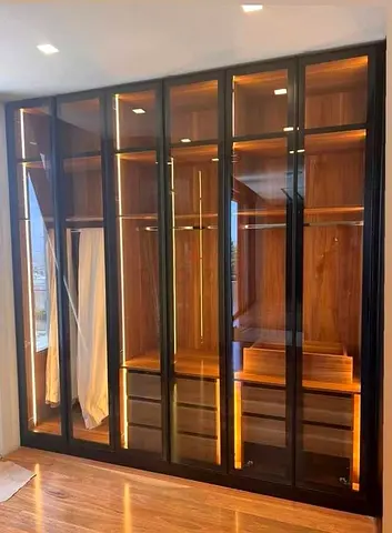 Built-in Wooden Wardrobe with Glass Doors and LED Lighting