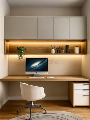 Wall-mounted Home Office Desk with Overhead Cabinets and Mobile Drawers