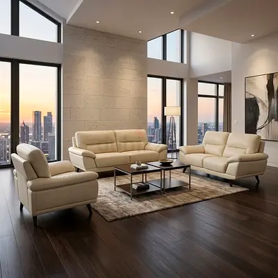 Modern Cream Leather Sofa Set 6 seater