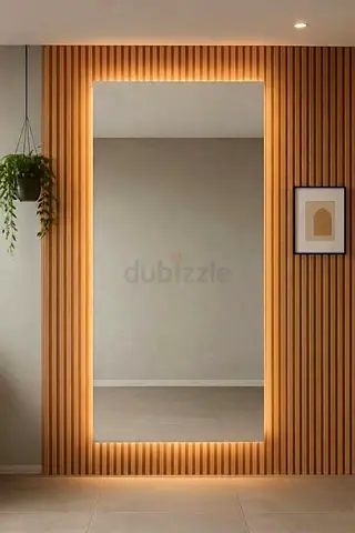 Modern Wooden Wall Panel with LED Lighting & Decorative Mirror