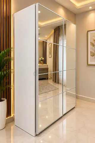 White Sliding Wardrobe with Full-Length Mirrored Doors - Modern Design