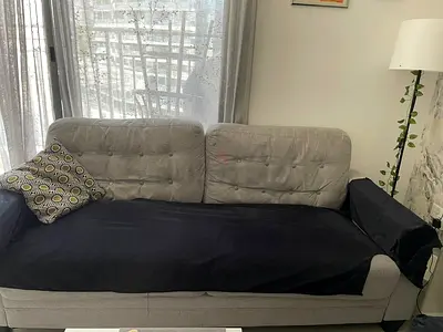 2 Grey 3-seater and 2 seater fabric sofas in good condition along with 2 bar chairs