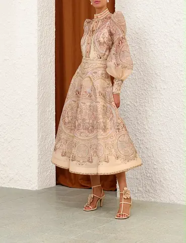 Elegant beige paisley-print long sleeve midi dress