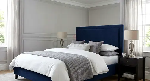 Queen upholstered navy blue bed frame with padded headboard