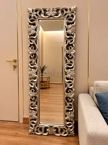 Ornate Full-Length Decorative Floor Mirror with Silver Baroque Frame