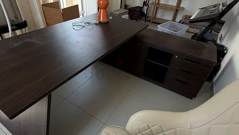 Large L-shaped Wooden Office Desk with Drawers - Dark Wood
