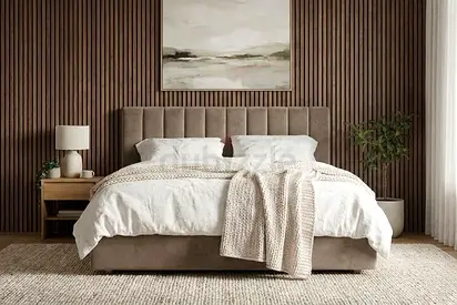 King size upholstered bed with headboard in beige