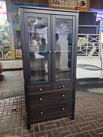 Dark Wood Glass-Front Wardrobe with Drawers - Good Condition