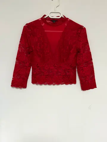 Red Lace Crop Top with Sheer Front and 3/4 Sleeves