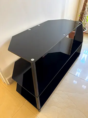 Black Glass TV Stand / Entertainment Unit - 2 Shelves, Cable Hole