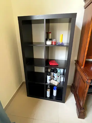 IKEA Kallax-style 8-cube shelving unit - dark brown, good condition