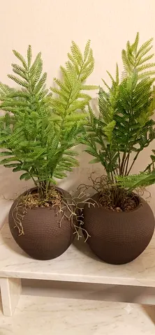 Pair of Decorative Artificial Ferns in Brown Round Pots