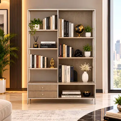 Sonder Living Paxton Grey Oak with Nickel Etagere bookcase