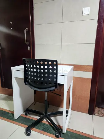 Compact white study desk with black swivel chair - good condition
