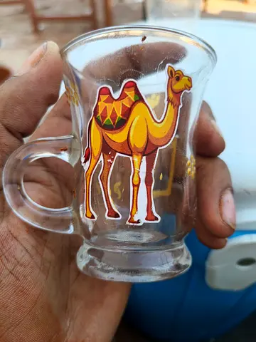 Small decorative glass cup with camel decal - single piece