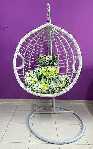 White Rattan Hanging Egg Chair with Stand and Cushions