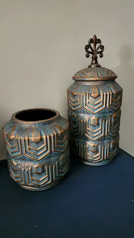 Pair of Decorative Blue-Gold Ceramic Jars with Geometric Pattern (One with Lid)