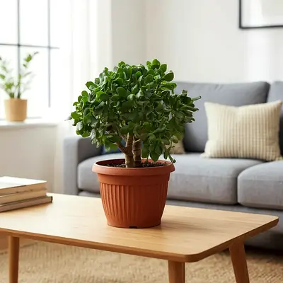 Healthy indoor jade/ficus bonsai in terracotta pot - ready for living room