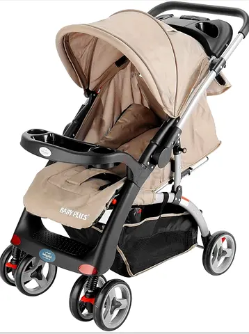 Beige stroller with canopy and storage basket