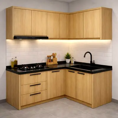 L-shaped Modern Wooden Kitchen Cabinet Set Custom Made