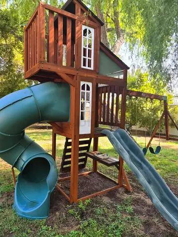 Wooden Outdoor Playhouse with Slide, Tunnel and Swing Set - Good Condition