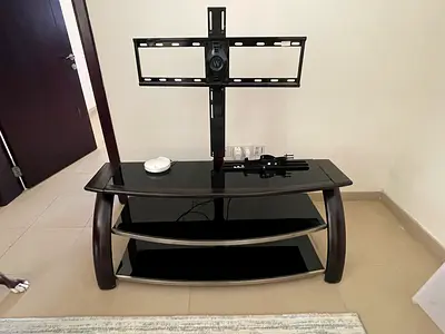 Black Glass TV Stand with Mount and Shelves - Good Condition