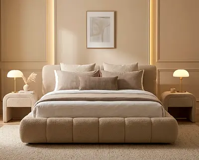 Beige upholstered low platform bed with headboard