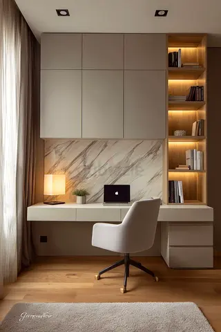 Built-in Wall Study Desk with Overhead Cabinets and Shelving