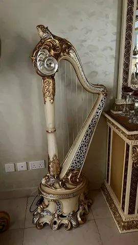 Ornate Decorative Pedal Harp in Cream and Gold