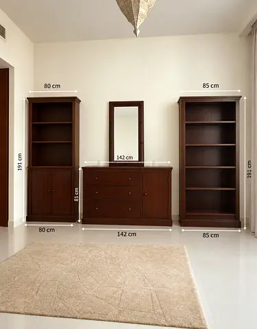 Solid Wood Piece Bedroom Storage Set: Dresser with Mirror + Two Bookcases (Dark Brown)