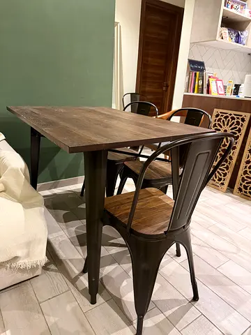 Wooden Dining Table with 4 Industrial Metal Chairs - Good Condition