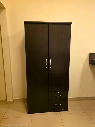 Dark wood kids two-door wardrobe with drawers - good condition