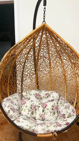 Rattan Hanging Egg Chair with Floral Cushion - Good Condition